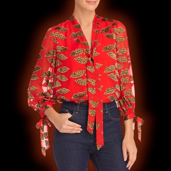 Alice + Olivia ‘Sheila’ Leopard Lips Red Burnout Tie-Neck Top Size XS ASO Kelly - Picture 15 of 16